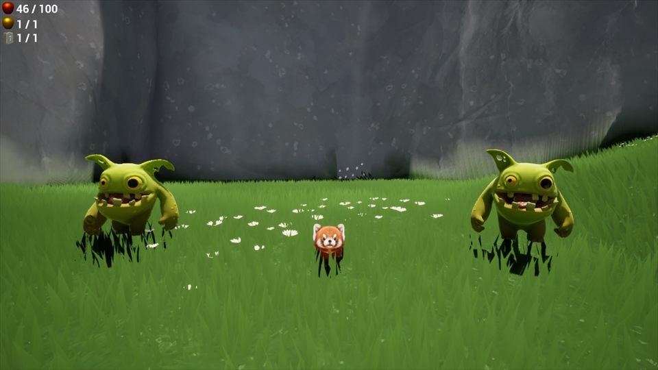 Lumen sneaking past two playful goblins