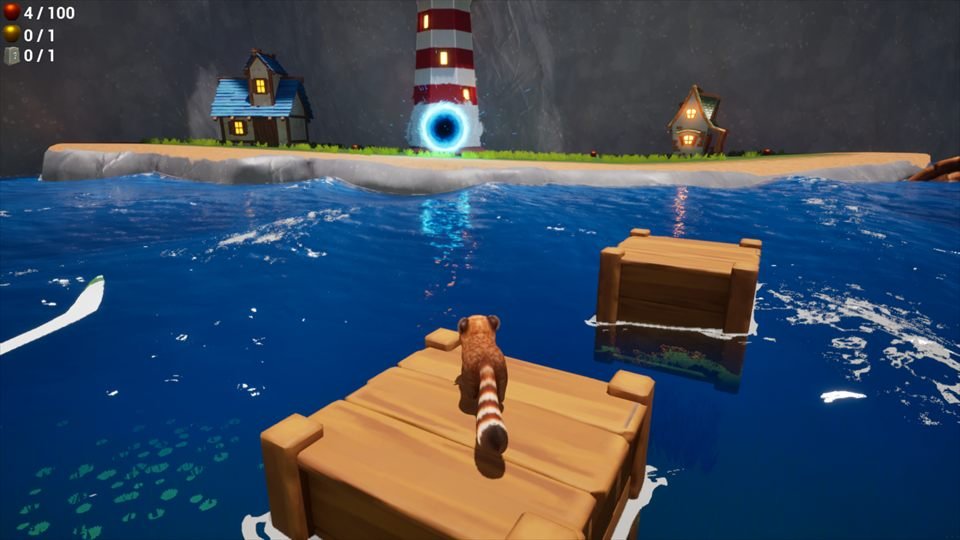 Lumen crossing the water on floating crates