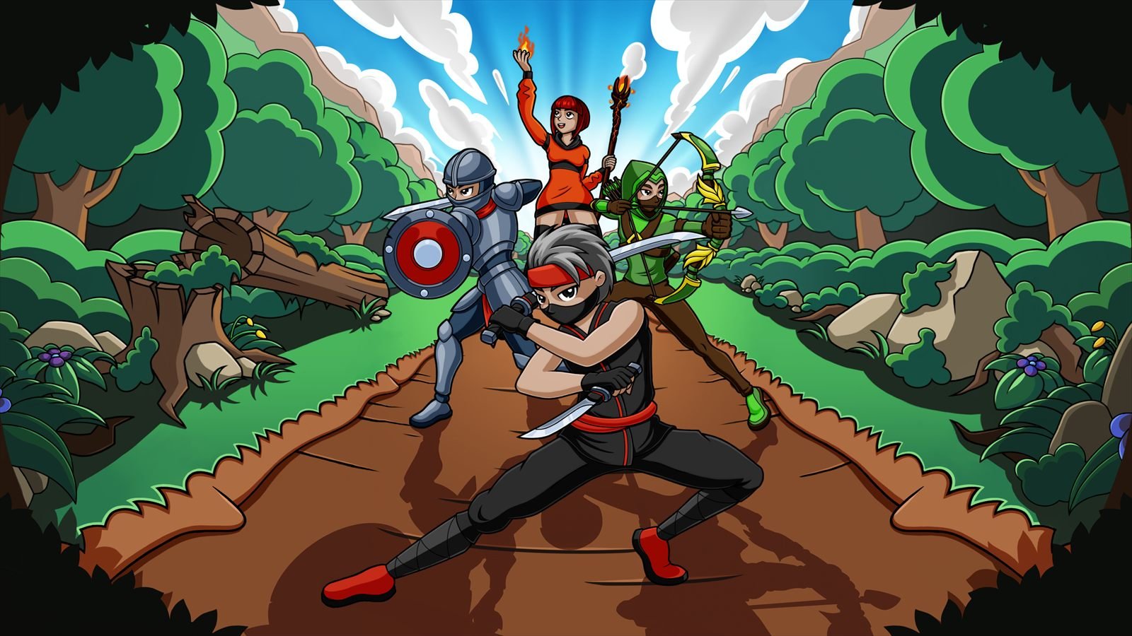 The Storyteller key art: four heroes on a forest path